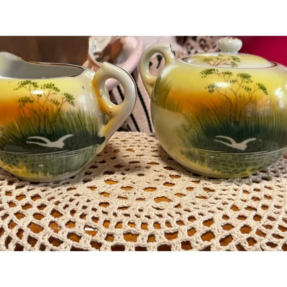 Vintage Japanese Hand painted Creamer and Sugar Bowl Set